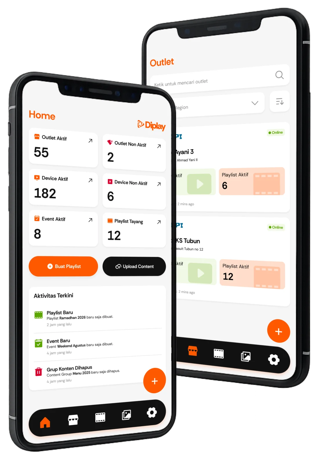 Diplay mobile app mockup for monitoring outlets and active playlists.