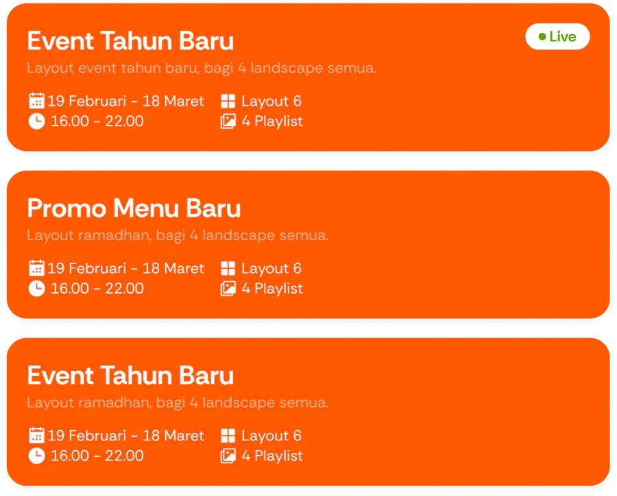Promotion event cards with live status, schedule, layout, and playlist count.