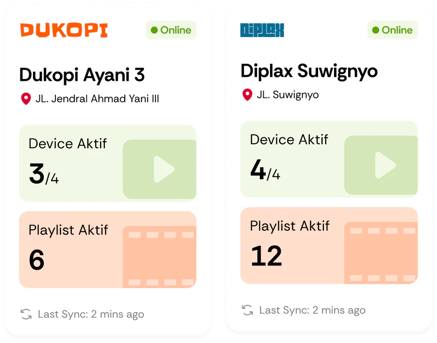 Two outlet cards from different brands with online status, active devices, and active playlists.