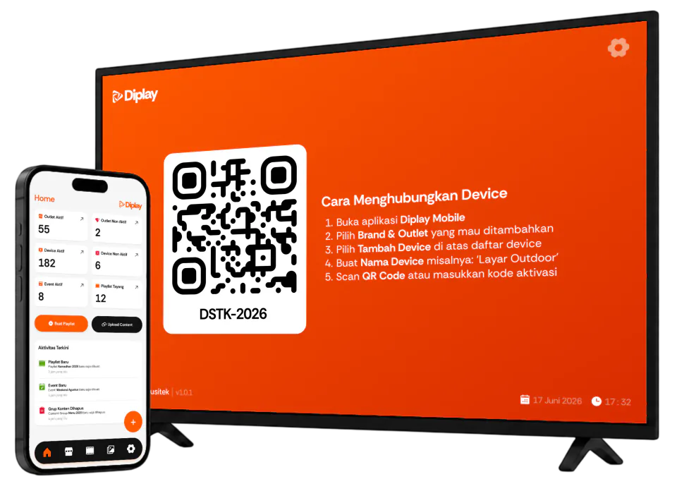 Diplay screen and mobile app mockup for pairing a signage device.
